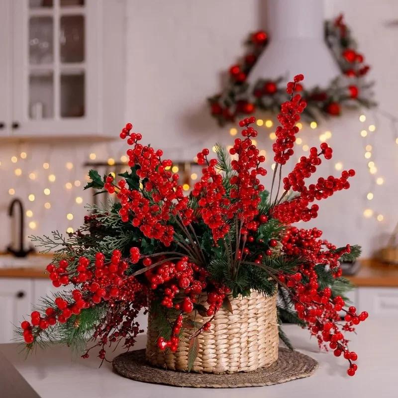 1-10 bucăți de Crăciun ramuri de fructe de pădure roșii de Crăciun, flori artificiale, coroană de bricolaj, cadou, ornament pentru brad de Crăciun, decorare pentru masă de Anul Nou