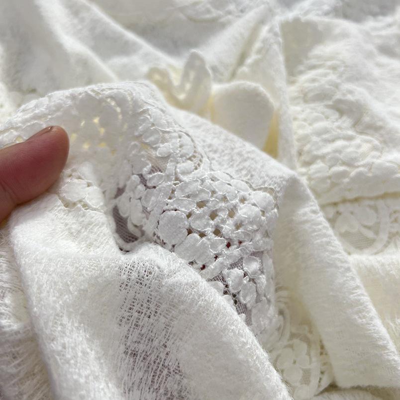 Off-white Lace Long Sleeve Women's Round Neck Crochet Loose Top