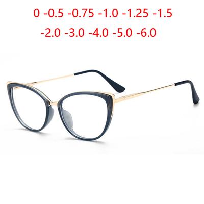 Anti-Blue Light Cat Eye Prescription Spectacle Women Myopia Lens Photochromic Glasses Diopter 0 -0.5 -0.75 -1.0 -2.0 To -6.0