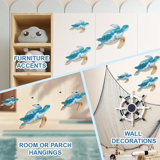 Tropical Wall Decorations 3Pcs Wooden Turtle Art, Ocean Theme Hanging Ornaments for Bathroom Room Decor Living Bedroom, Coastal Beach Style