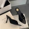 2025 Summer Fashion Slippers Women Mules Slides Sexy Hollow Out Metal Buckle Designer Sandals High Heels Female Shoes Black