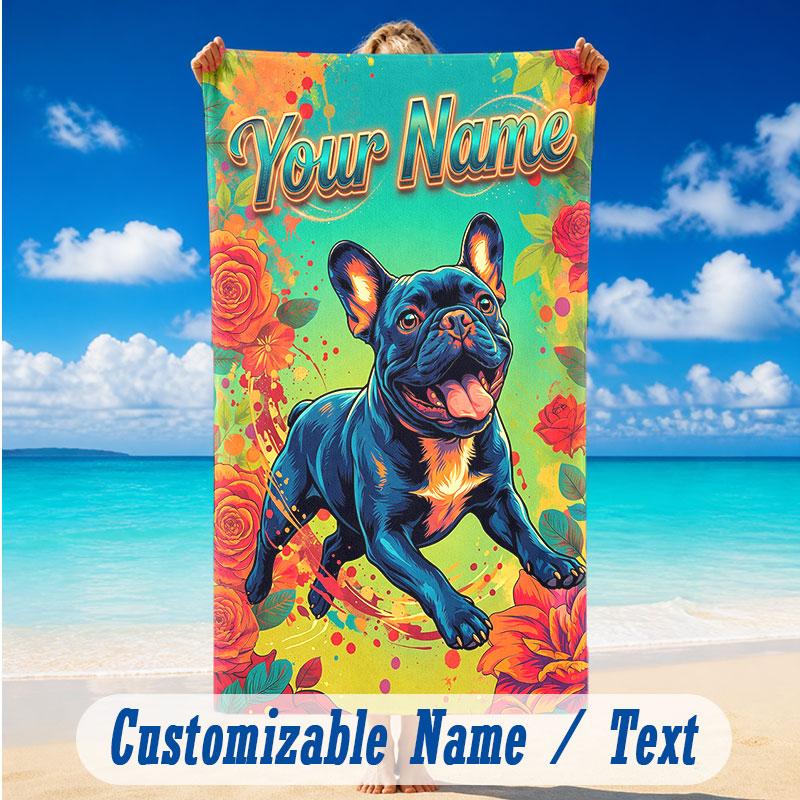 Dog Theme Beach Towel Personalized Custom Name & Text Soft Quick Dry Beach Towel for Swimming Travel
