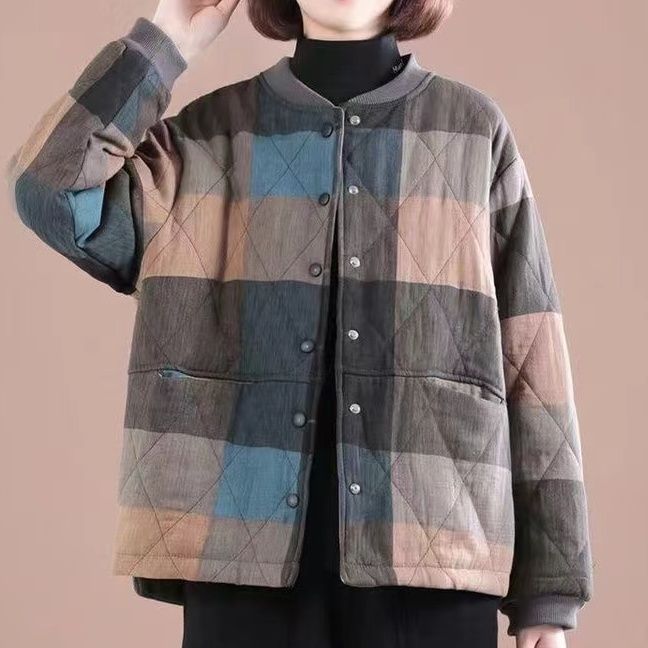 Women's Retro Korean Style Slim-Fitting Loose Cotton Coat Plus Size Casual Patchwork Plaid Short Padded Jacket