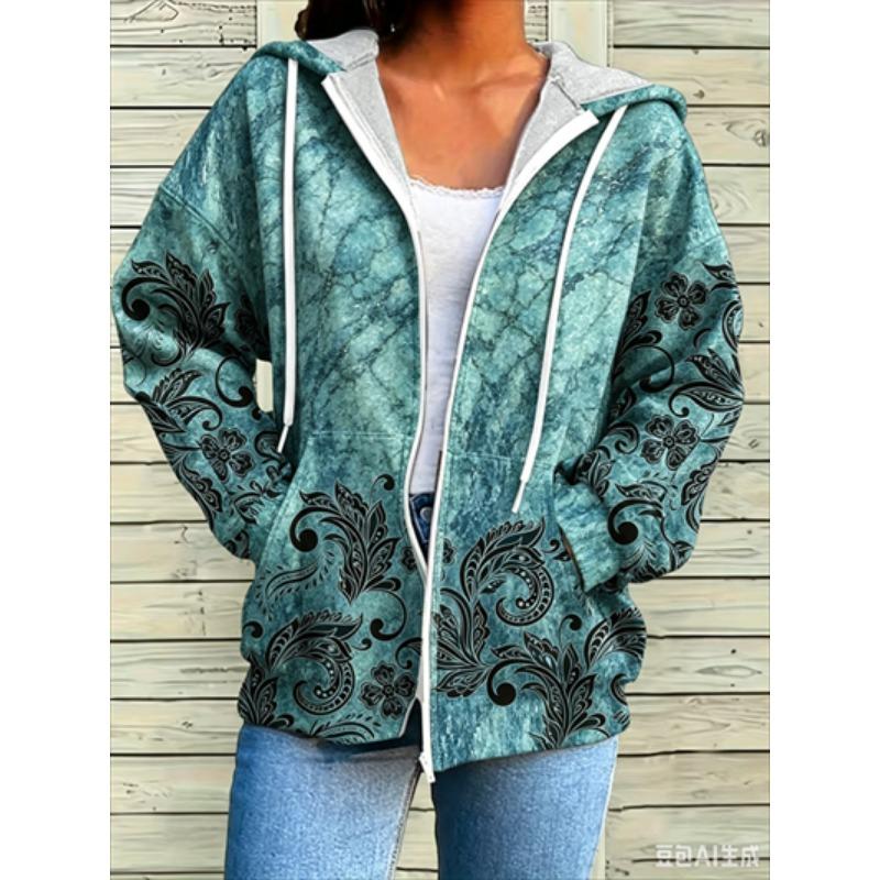 Zipper Splicing Fashion Loose Women's Casual Flower Print Hoodie Fashion Spring And Summer