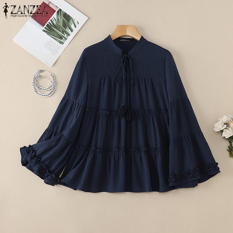 ZANZEA Blouse Décontractée pour Femme à Col Rond et Couleur Unie, Ample, à Manches Lanternes