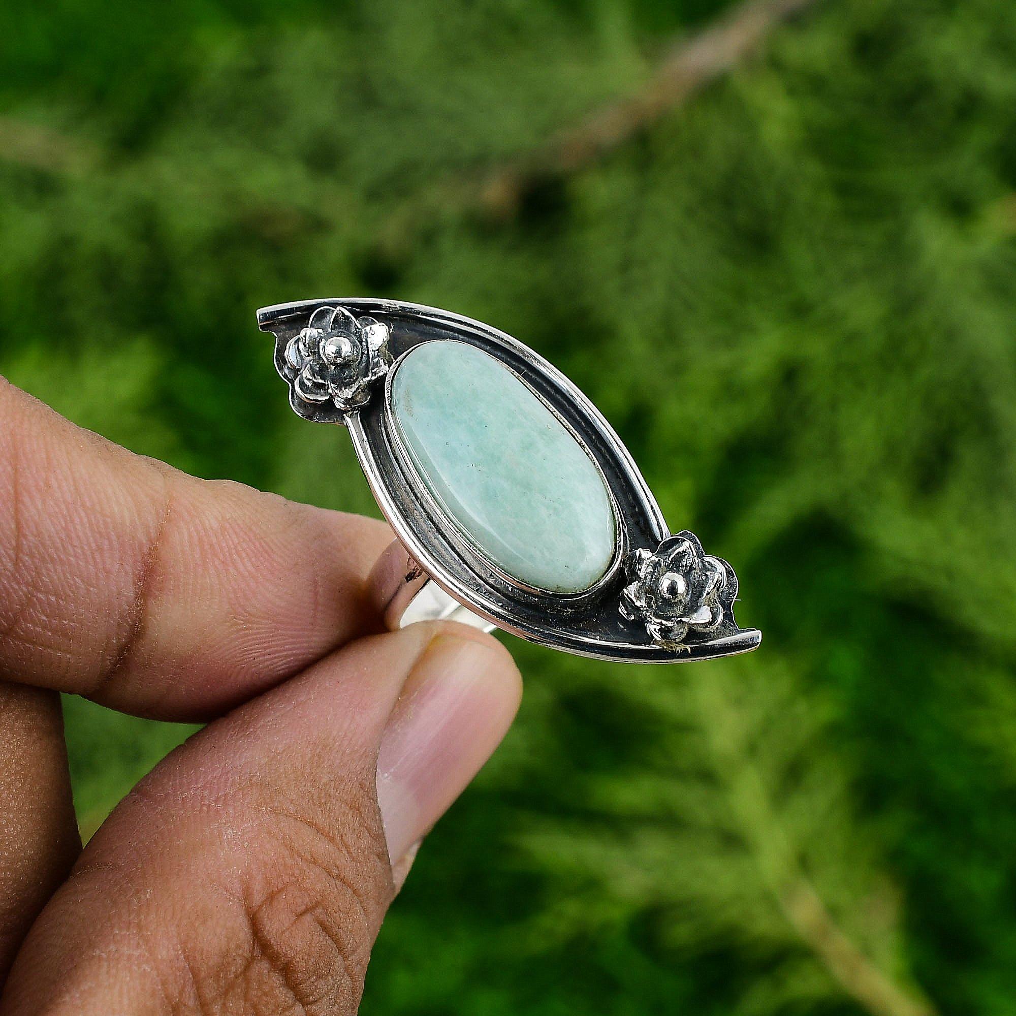 

Mothers day Sale Amazonite Gemstone Anniversary Flower Promise Ring 925 Silver Adjustable