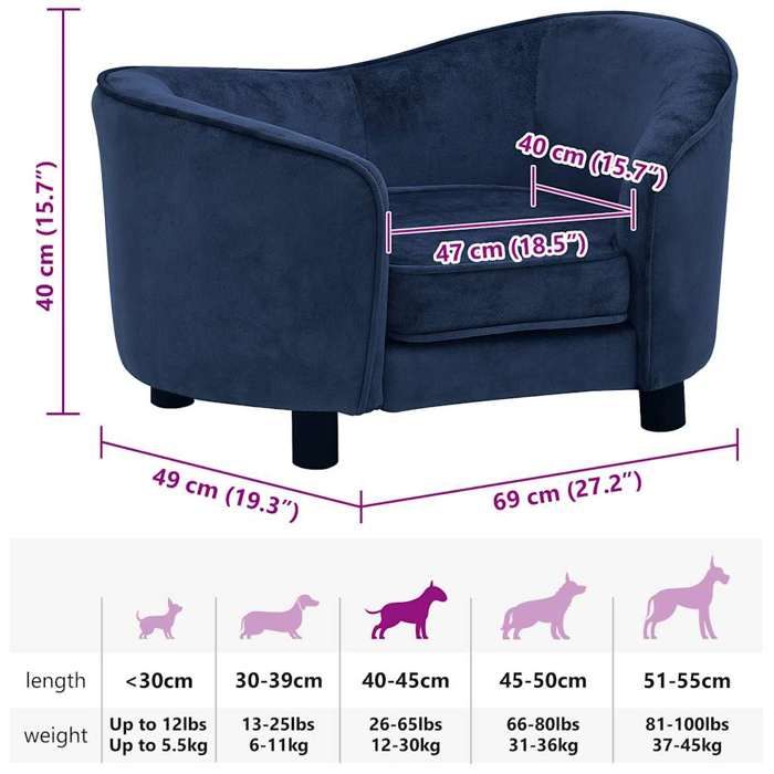 Canapé pour chien - vidaXL - 69x49x40 cm - Bleu - Peluche - Intérieur