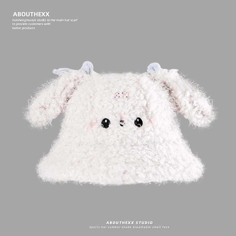 Cute Bunny Lamb Plush Hat for Women Versatile Warm and Cold Proof Fisherman Hat  Autumn and Winter New Ear Protection Basin Hat