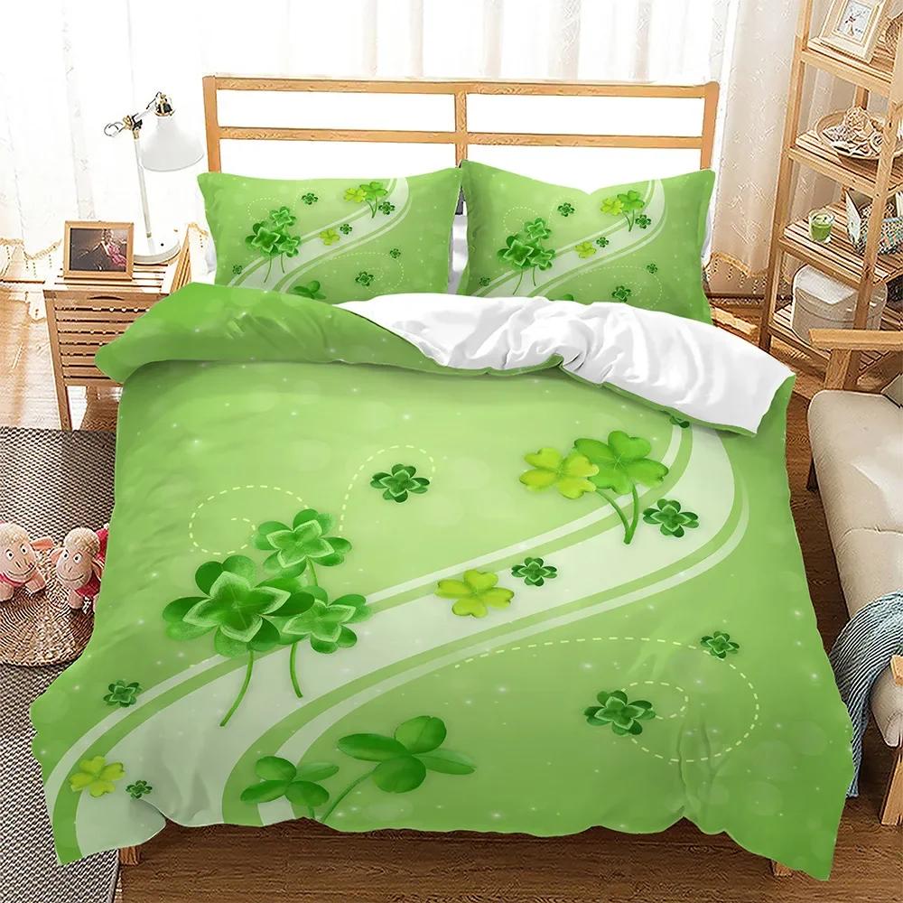 Lucky Green Leaves Four Leaf Shamrock Clover Comfortable Duvet Quilt Cover Pillowcase Bedding Set Children Bedroom Home Textile