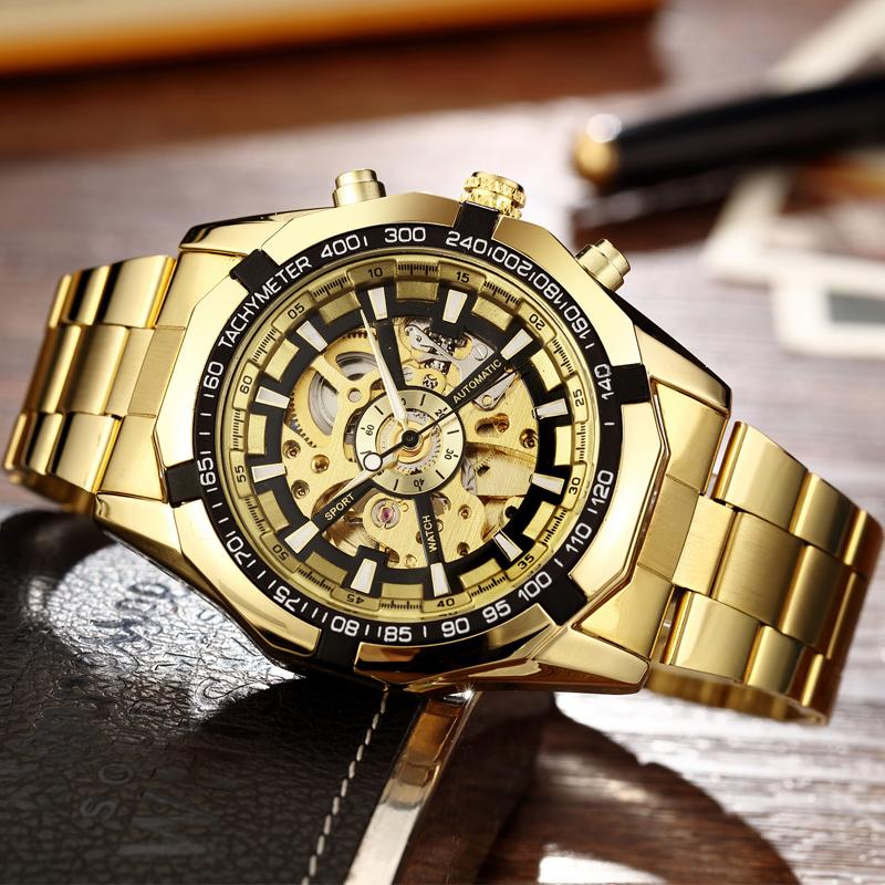 Luxury Silver Gold Automatic Mechanical Watch For Men Full Steel Skeleton Wristwatch Clock Over-sized Big Dial Relogio Masculino