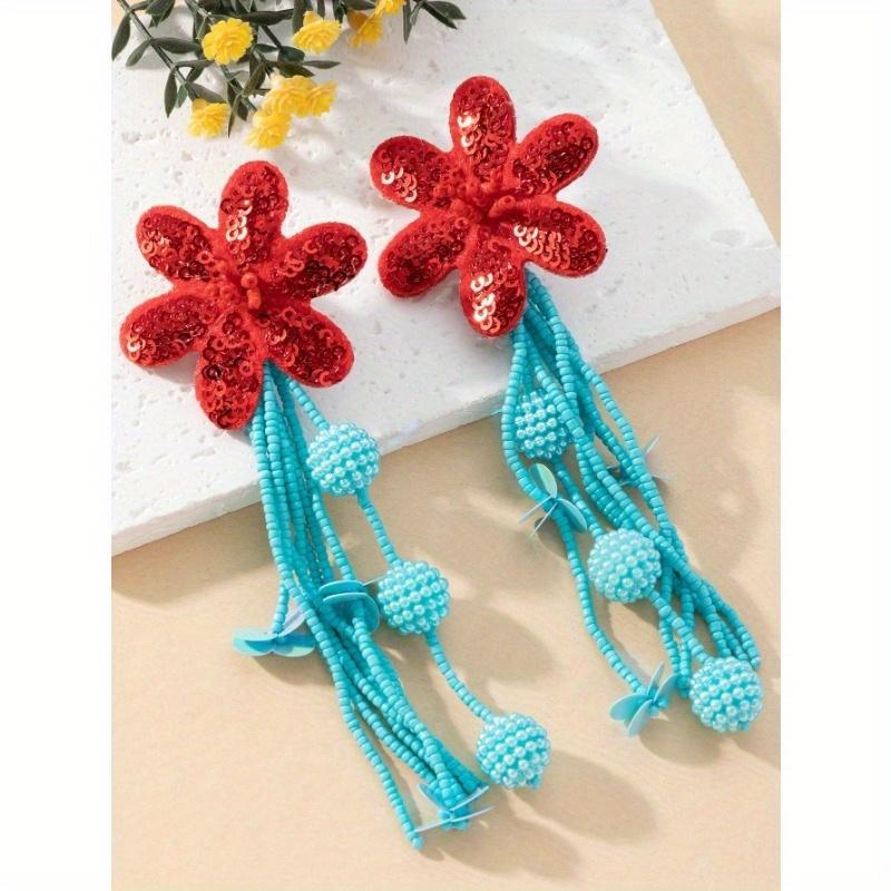 1 Pair Spring/Summer New Bohemian Style Handmade Beaded Flowers & Sequin Tassel Fashion Earrings for Women