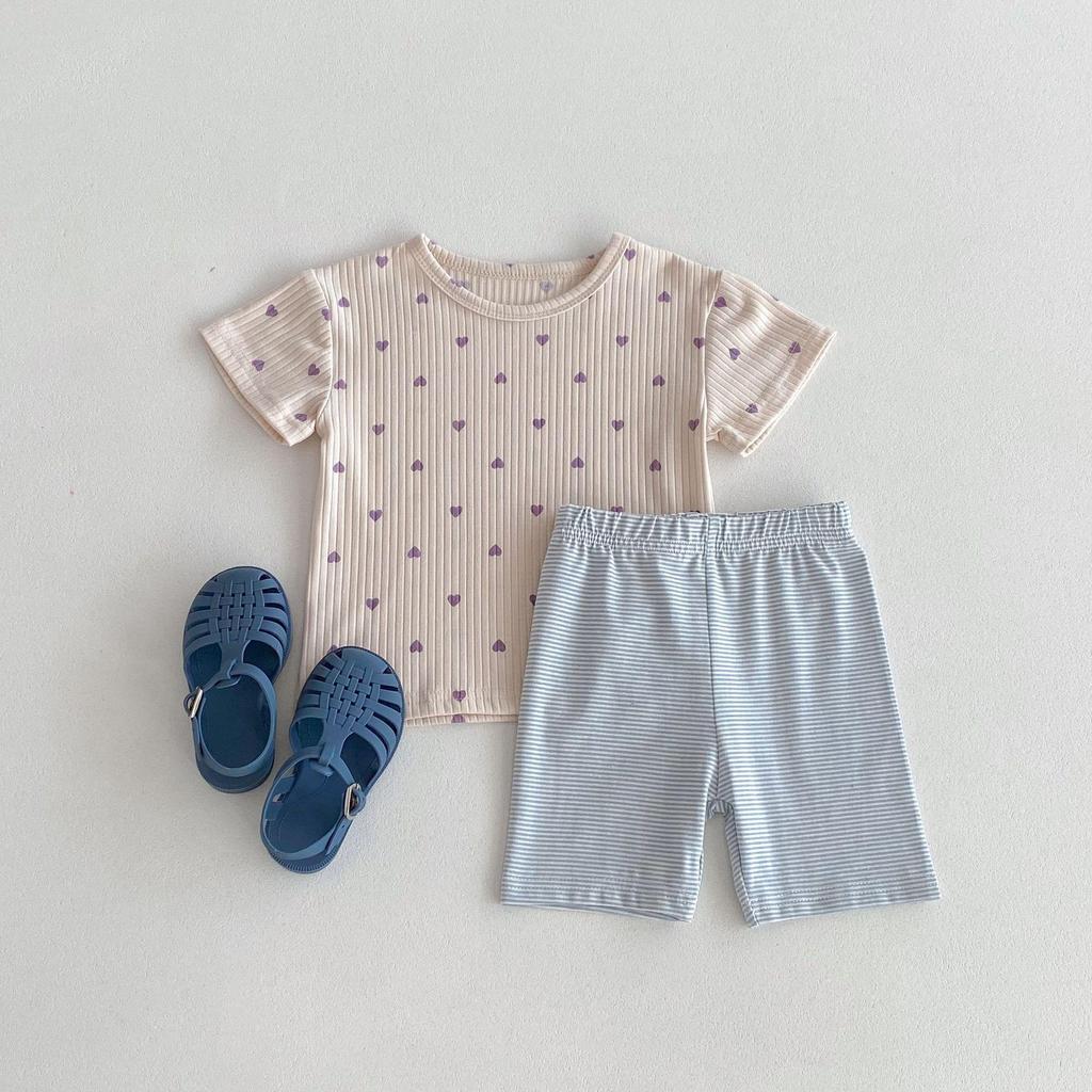 Short-Sleeve Heart T-Shirt & Striped Shorts Set