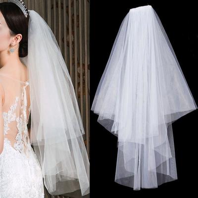 Velo de Novia Elegante Marfil Dos Capas Corto Simple Borde de Encaje Con Peine Velo de Novia Tulle para Mujer