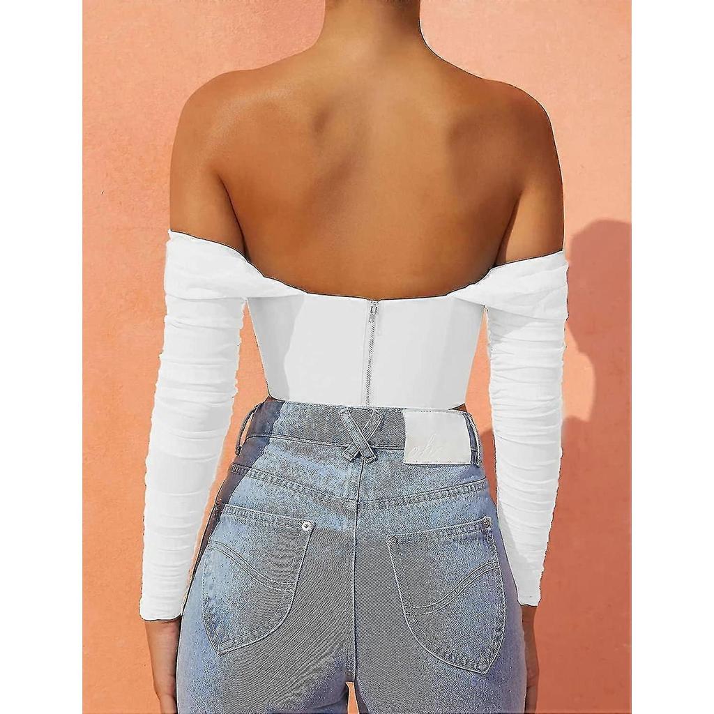 Women's Mesh Sheer Lace Puff Corset Crop Top Off Shoulder Sexy Pleated Chiffon Bustier For Cute Women Trendy - PJ