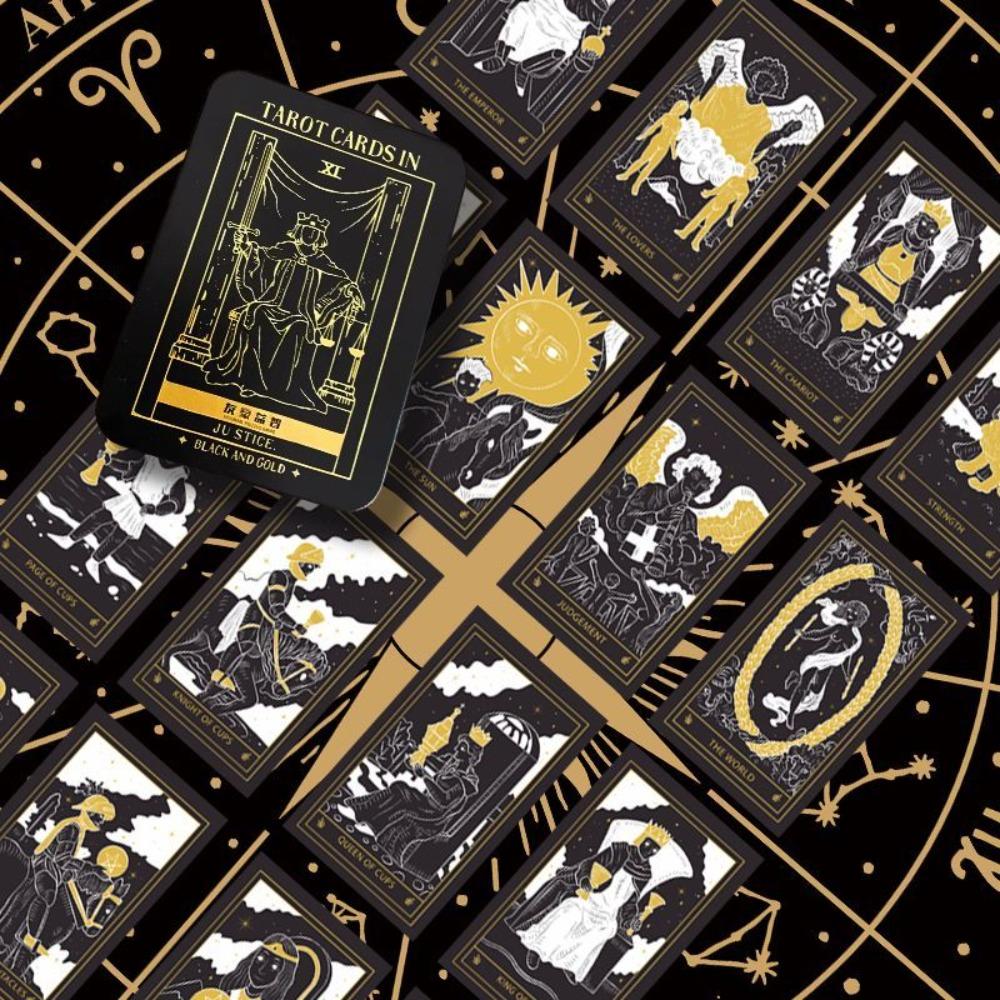 Mystic Noir Elegant Black & Gold Tarot Deck 10*6cm, Full 78-Card Set in Metal Tin, Travel-Size Deck for Wisdom and Guidance