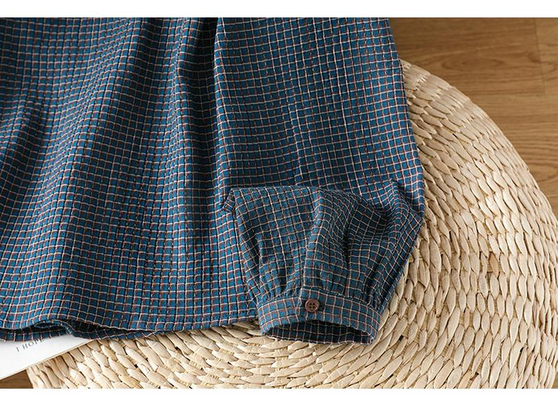 Women's Blue Cotton Plaid Long Sleeve Shirt - Stylish Autumn 2026