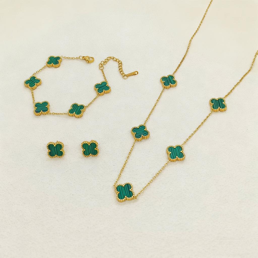 3PCS Double-sided Fritillary Titanium Steel Four-leaf Clover Five-flower Bracelet, Five-flower Necklace & Earring Set Gift