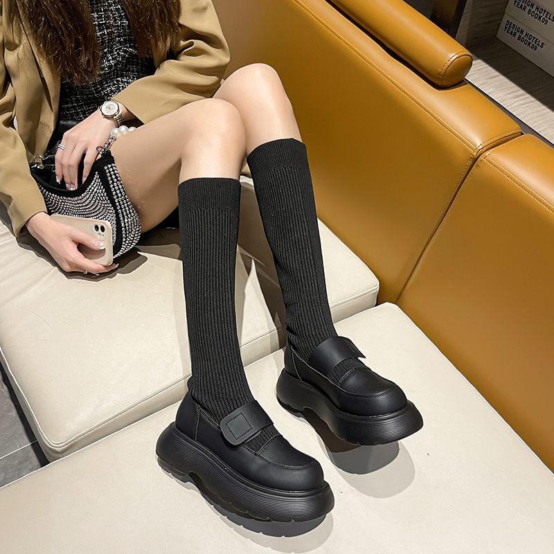 Fashion Platform Winter Knee High Shaft Long Elastic White Footwear Women's Boots Black Shoes for Woman Sock 2024 Novelty Spring Pu New