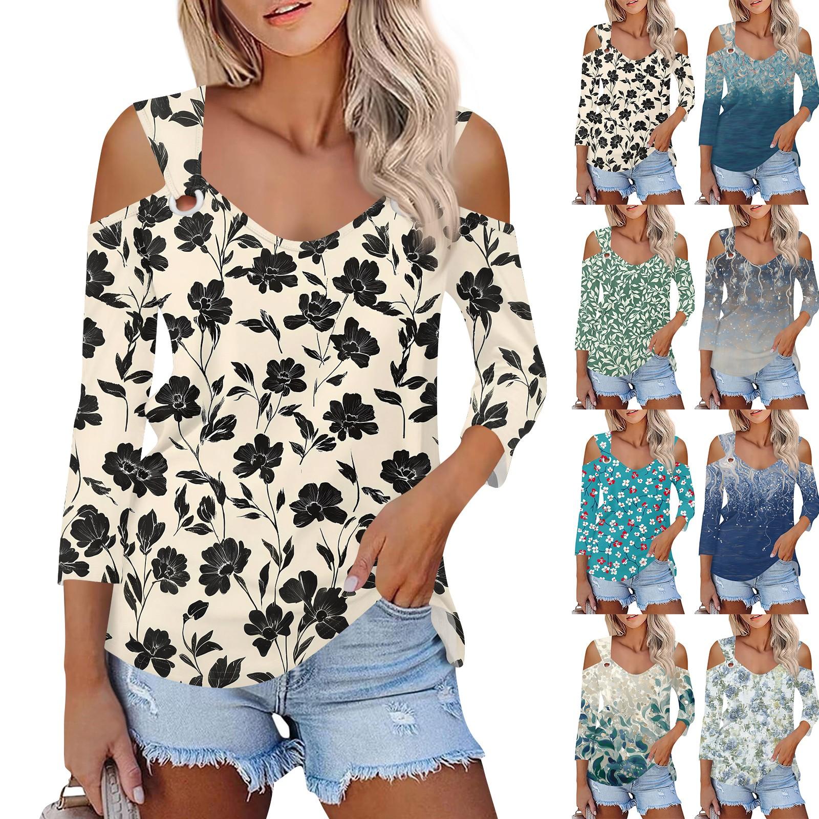 

Женская повседневная рубашка-блузка с v-образным вырезом и принтом, сексуальный топ с открытыми плечами и рукавами 3/4 S