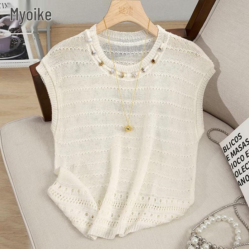 Women s Beaded Hollow Ice Silk Sleeveless Top M