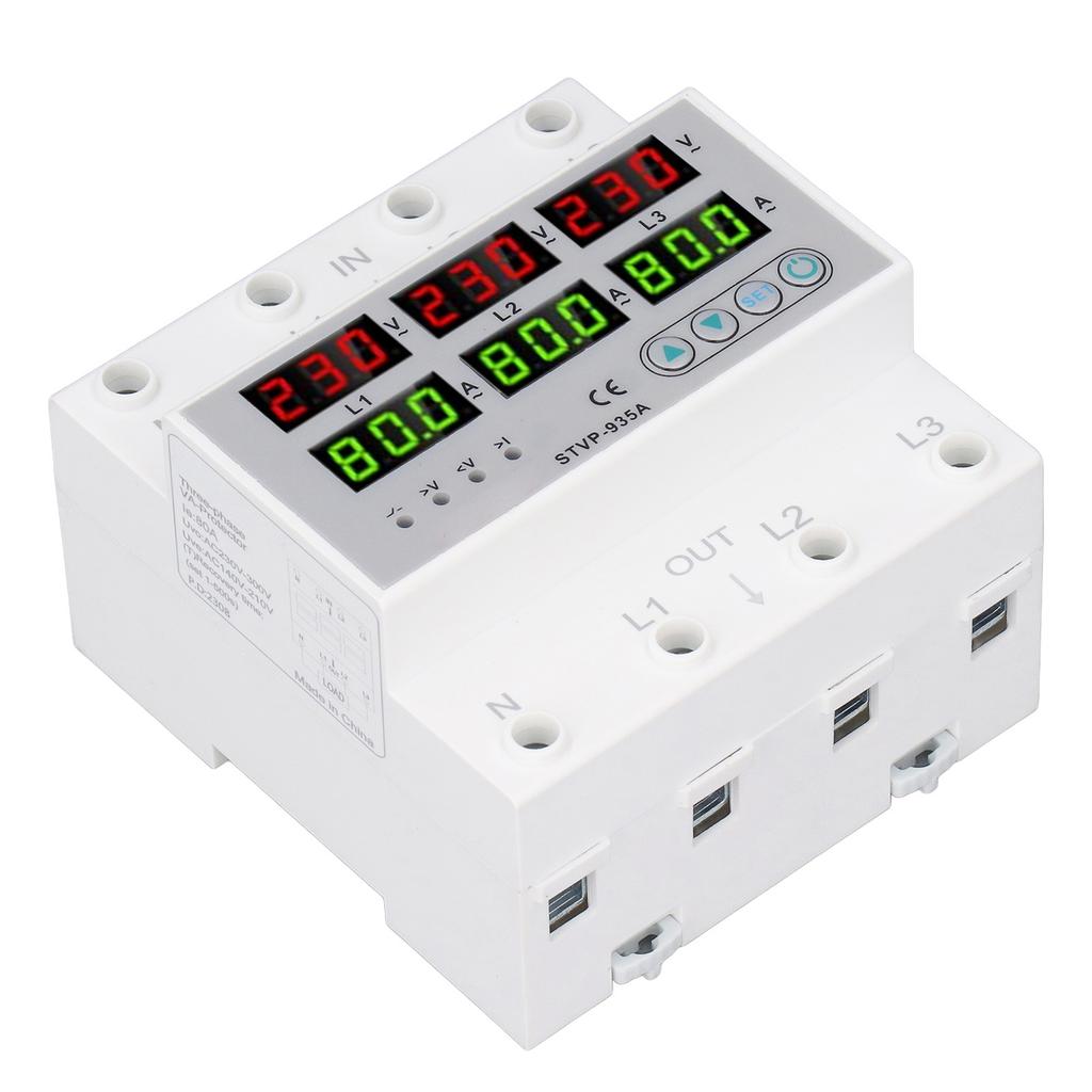 Over Under Voltage Protector 80A 3 Phase Auto Reset Voltage Protective Device DIN Rail Voltmeter Amm