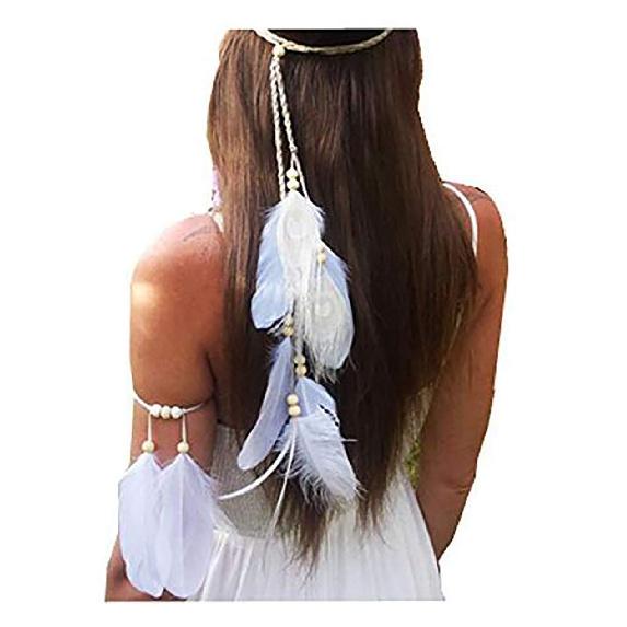 Set of 2 Women Lady Bohemian White Peacock Feather Headband Headdress and Armband Hippie Headpiece Headwear Handmade Tribal Indian Fascinator Feather
