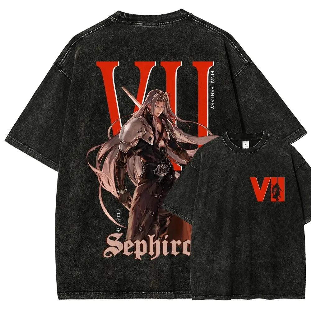 Anime Final Fantasy Graphic Manga Vintage Washed Oversized T Shirt Men Women Casual Short Sleeve Pure Cotton High Quality Female Male Clothing