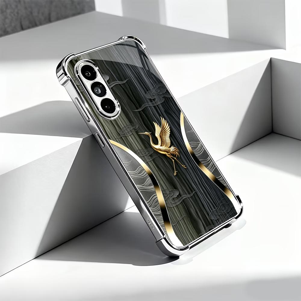 Wood Grain Golden Crane phone case s26 ultra case glass mobile phones for Samsung Galaxy S26 S25 S24 S23 S22 FE Ultra Plus