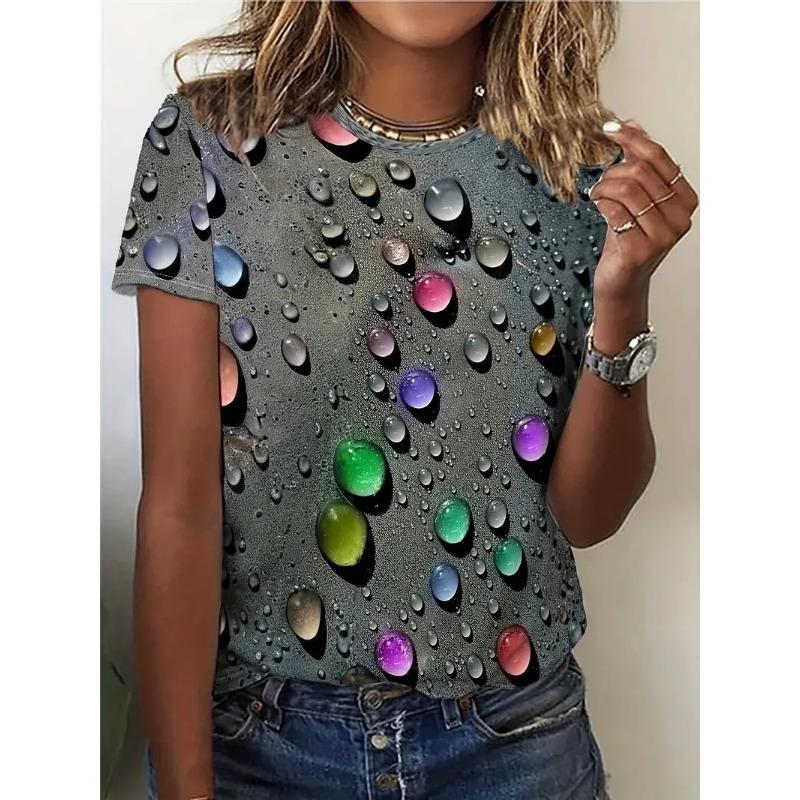Summer Round Neck 3D Water Droplet Printed Top Fashionable Casual Short Sleeved Women's T-shirts