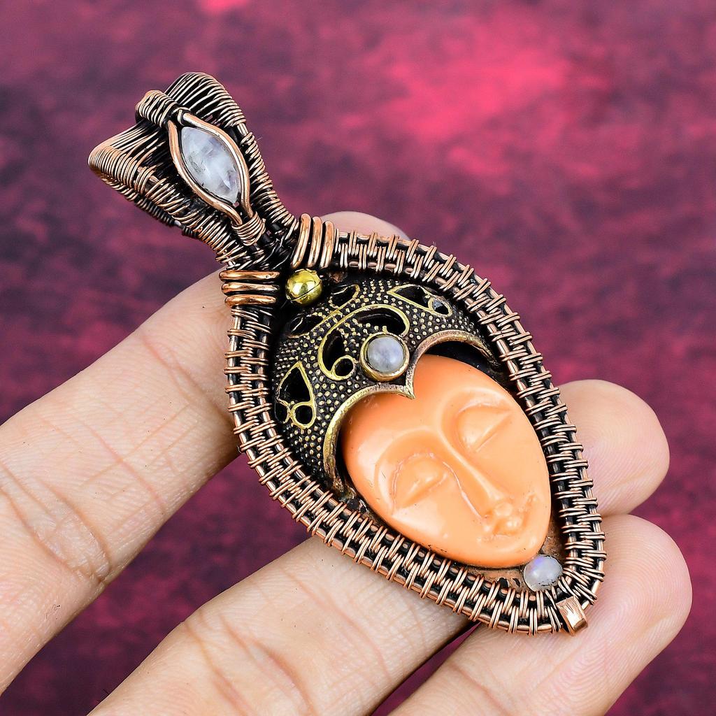 Orange Carved Bone Face Pendant Copper Wire Wrapped Rainbow Moonstone Pendant