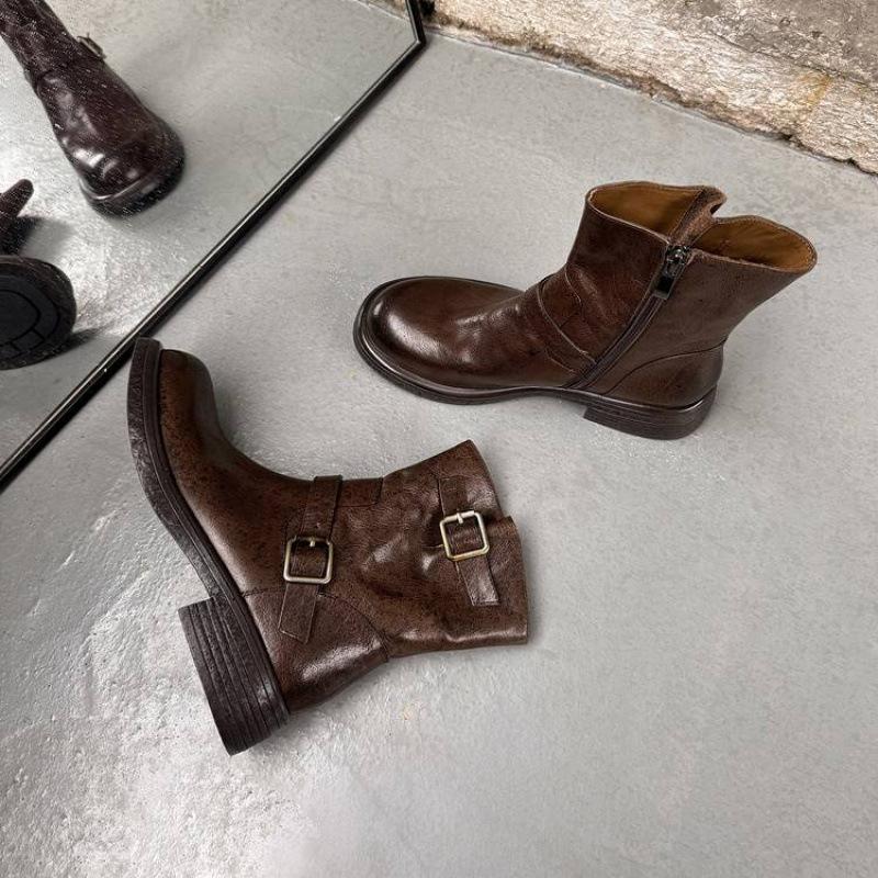 Podzimní a zimní dámské kožené martensky na středním podpatku s kulatou špičkou, univerzální, ve velkých velikostech, dámské boty s bočním zipem, nové kožené střední boty