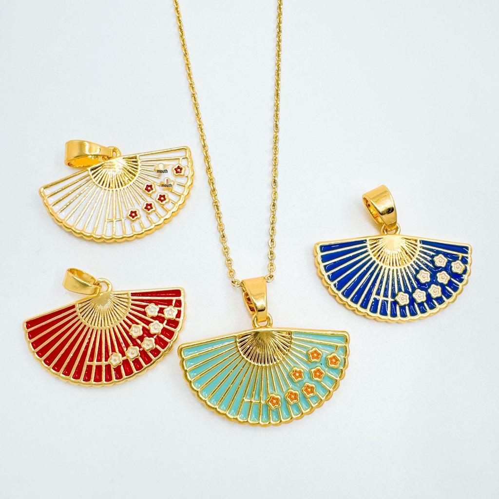 Hot-Selling Enamel Gold-Plated Fan Pendant Necklace - Retro Chinese Style for Women