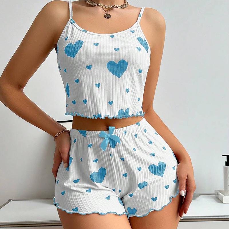 Women's Short Pajamas Set Sleepwear 2 PCS Short Tank Tops and Shorts S M L White Ventilate Soft Casual Love Printing