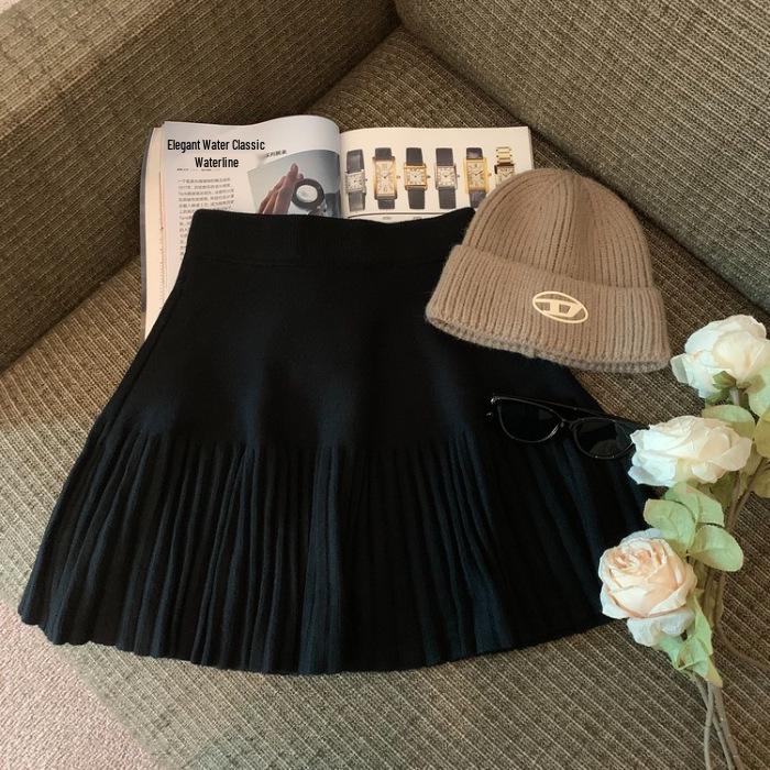 Grey High-Waisted Pleated A-Line Skirt for Women - Autumn White Short Style