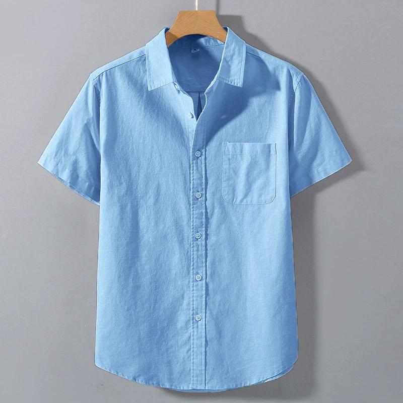 

Summer Men s Short Sleeved Shirt Solid Color Stand Up Collar Oversized Tshirt Breathable Loose Youth Basic Cotton Pocket Top 5XL синій