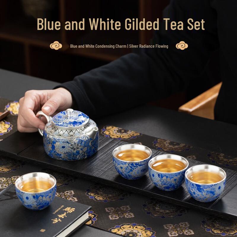 

Palace Gift Forbidden City Blue & White Gilt Silver Tea Set