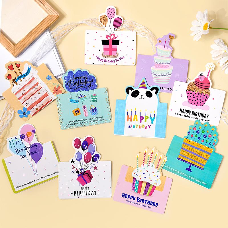 10 Birthday Cards, 3D Small Size Cartoon, Simple Folding, Handwritten Blessing Message, Birthday Card