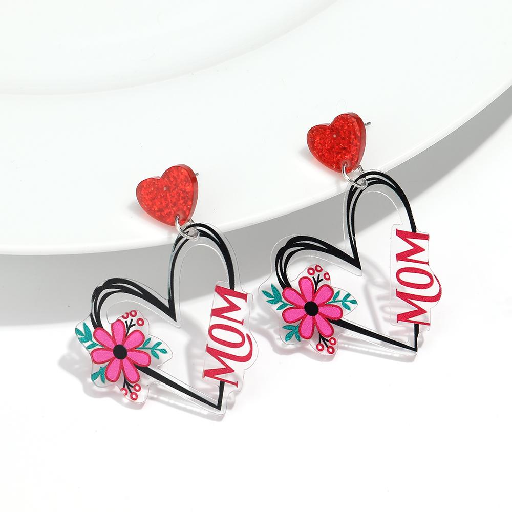 New Glitter Mom Heart Acrylic Drop Earrings for Women Cute Sweet Flower Love Statement Earring Fashion Jewelry Mother s Day Gift