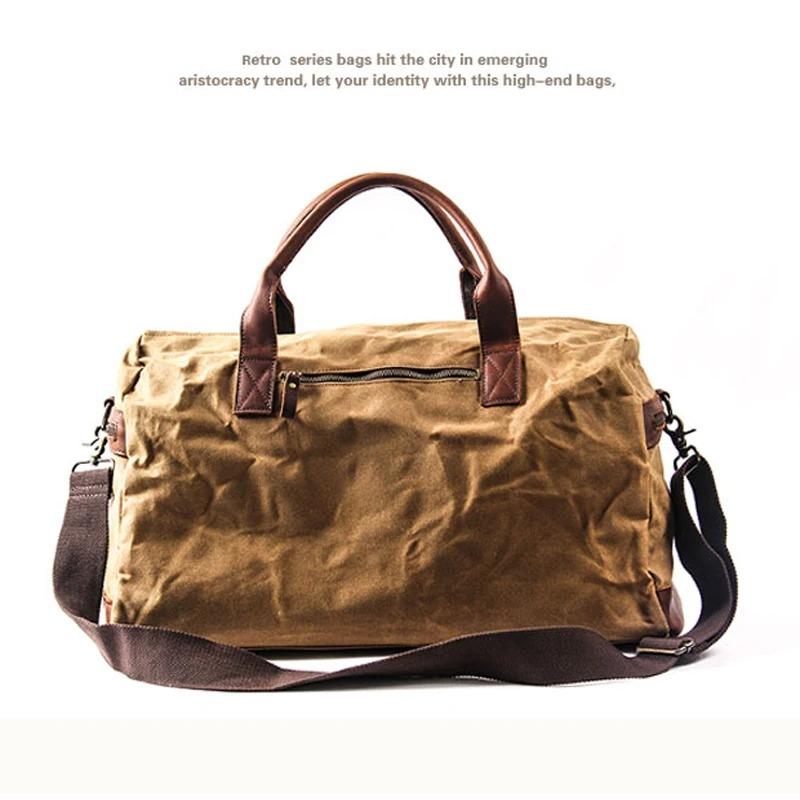 Waterproof Waxed Canvas Leather Men Travel Bag Hand Luggage Bag Carry On Large Tote Vintage Men Duffle Weekend Bag Big Overnight