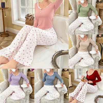Dantelă Dantelă Gât rotund Coroană Mânecă lungă și Pantaloni lungi, Set pijama de damă, Haine de casă