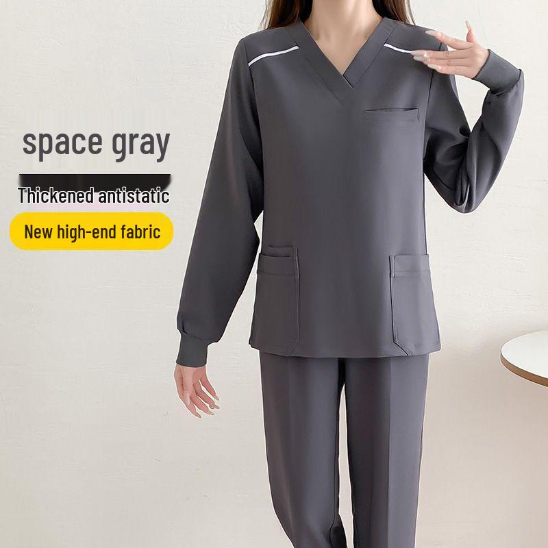 Fleece-Lined Stretch Scrub Suit: Long Sleeve, Quick-Drying for Men & Women, Ideal for Medical Staff In Autumn/Winter.