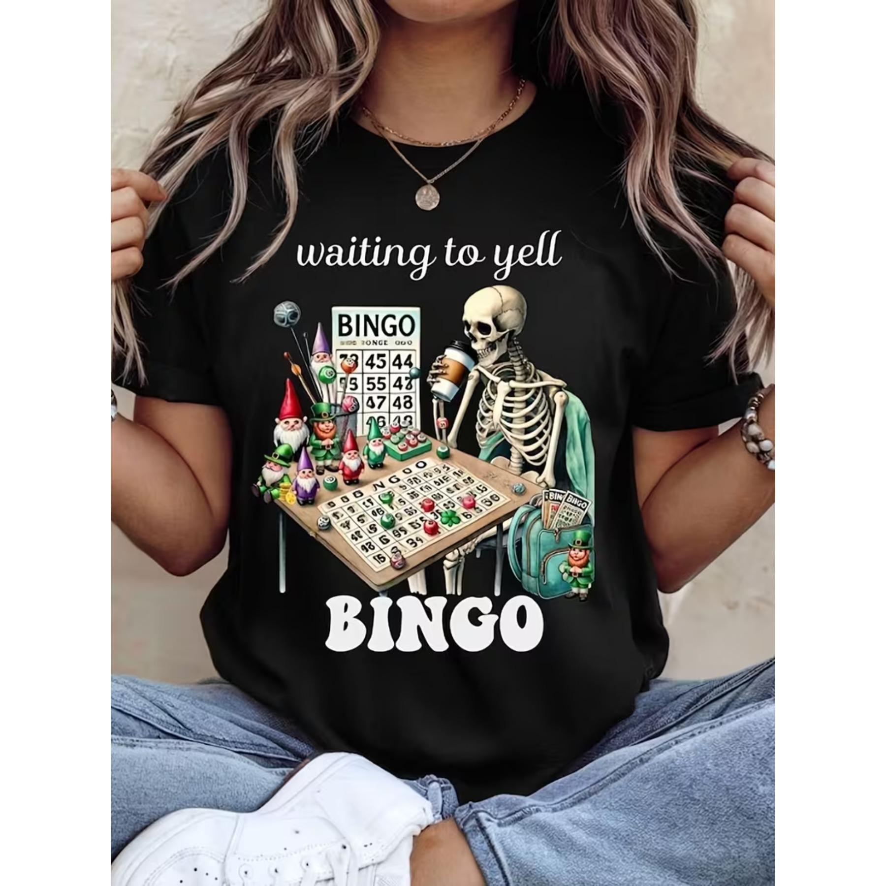 Waiting To Yell Skeleton Bingo T-Shirt - Fun Graphic Tee with Bingo Table Design, Comfortable Casual Fit S