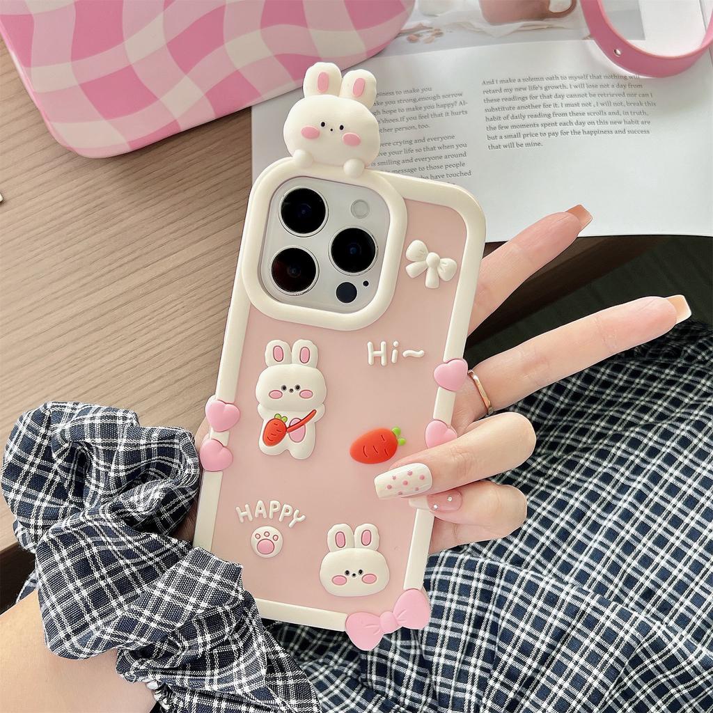 For iPhone 16 Pro Max Silicone Case Cute 3D Cartoon Carrot Rabbit Design Shockproof Phone Back Cover