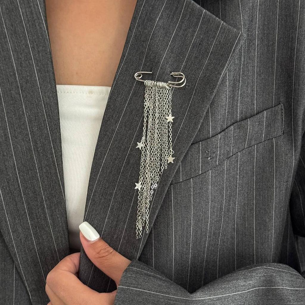 Salircon New Irregular Star Tassel Metal Chain Pendant Tassel Brooch Women Charm Suit Shortened Pins Daily Wear Accessories Gift