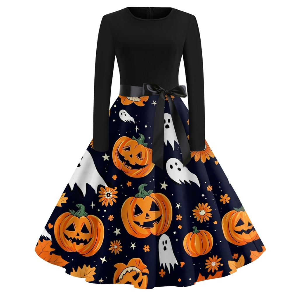 Women's Casual Halloween Print Dress Long Sleeve Round Neck Retro Vintage Style Midi Dress with Waist Tie for Everyday Wear
