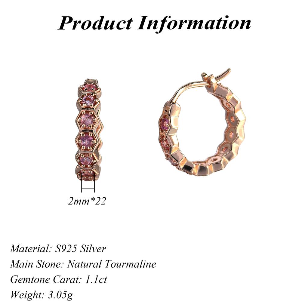 Unique Rose Gold Plated Silver 925 Jewelry Natural Tourmaline Hoop Earrings for Women Birthday Gift Party Wear