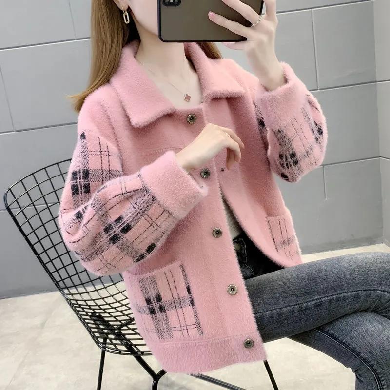 Jachetă din catifea din nurcă imitație pentru femei, primăvară, toamnă, jachete pentru mama coreeană, pulover din nurcă imitație, cardigan pentru femei, nasturi