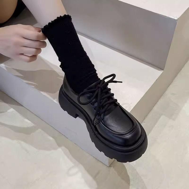 British Style Platform Leather Shoes Women's New Autumn Versatile Black Dress Pumps Muffin Loafers