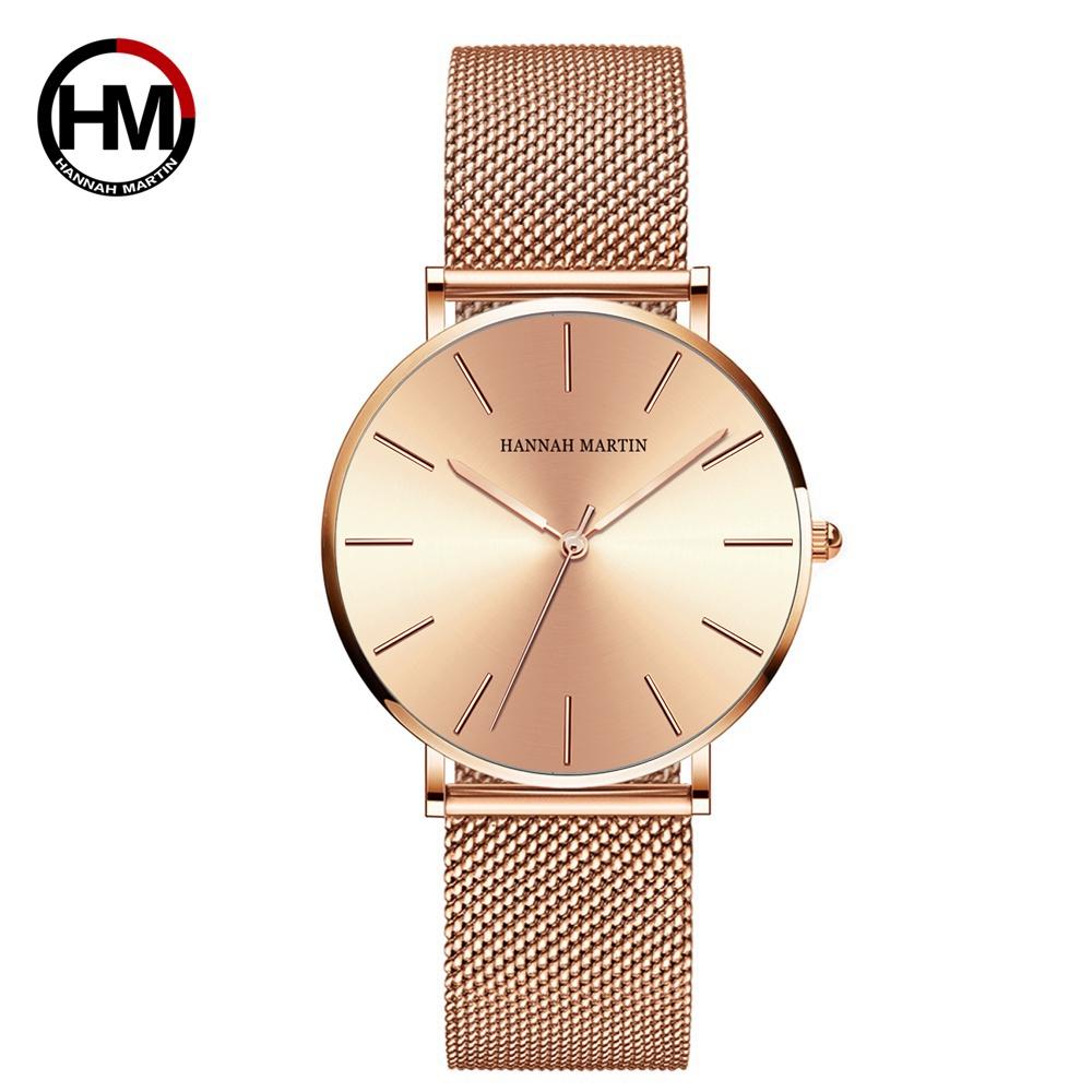 Hannah Martin Japan Quartz Movement High Quality Women Stainless Steel Mesh Rose Gold Waterproof Ladies Watch Dropshipping CC36