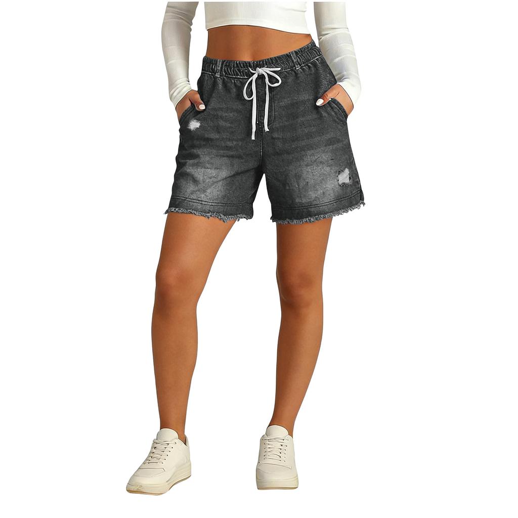 Pantaloncini di Jeans Casual da Donna con Coulisse in Vita Elastico Bordo Sfilacciato Usurato e Tasche per l'Uso Quotidiano